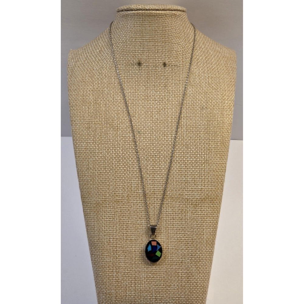 Vintage Sterling Silver Colorful Gemstone Mosaic Pendant Necklace 18" ATI Mexico